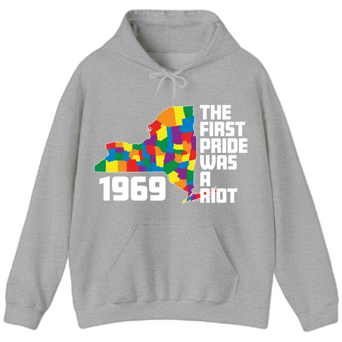 Colorful New York state map with rainbow-filled counties honoring the first pride riot of 1969 in Sport Grey