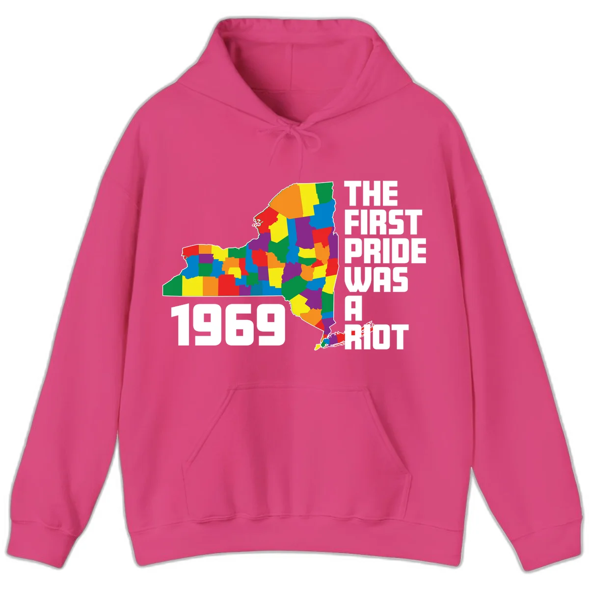 Colorful New York state map with rainbow-filled counties honoring the first pride riot of 1969 in Heliconia