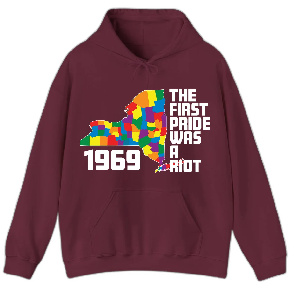 Colorful New York state map with rainbow-filled counties honoring the first pride riot of 1969 in Maroon