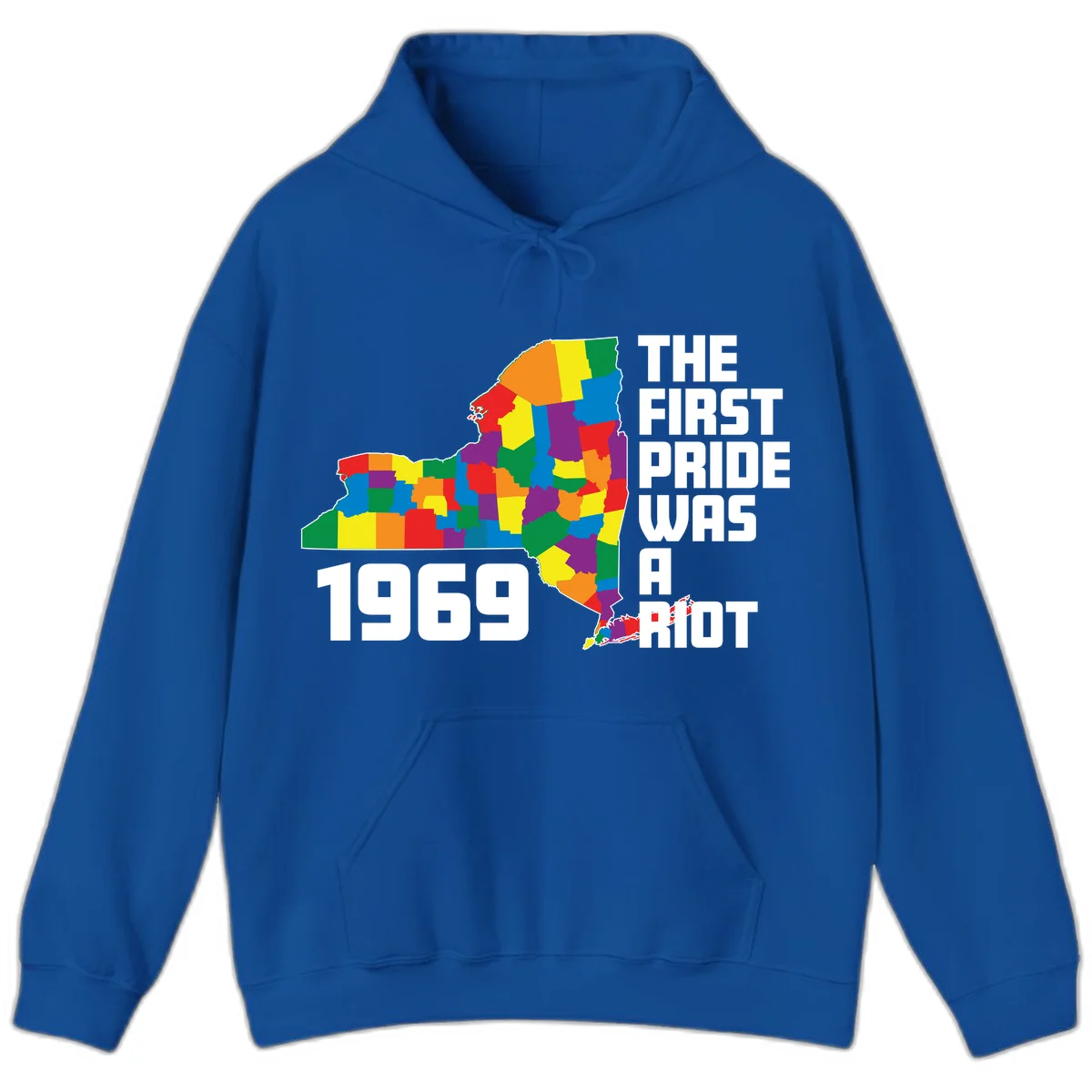 Colorful New York state map with rainbow-filled counties honoring the first pride riot of 1969 in Royal