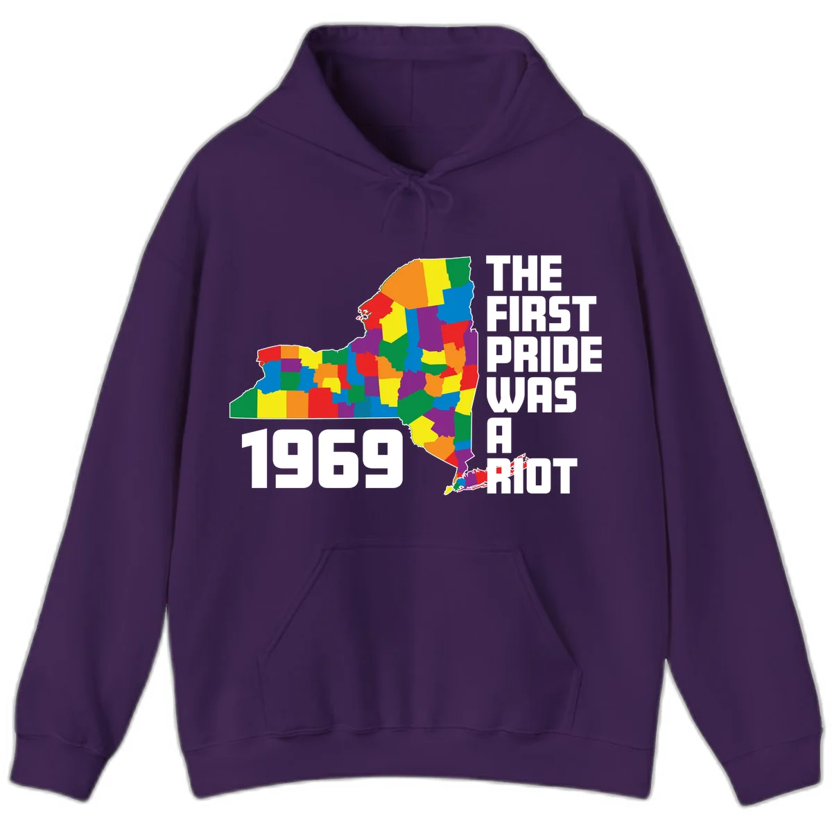 Colorful New York state map with rainbow-filled counties honoring the first pride riot of 1969 in Purple