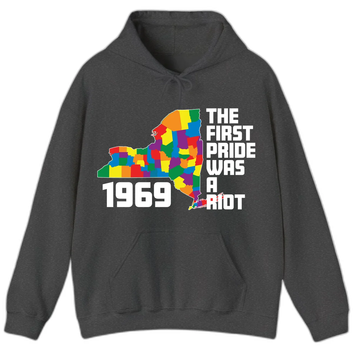 Colorful New York state map with rainbow-filled counties honoring the first pride riot of 1969 in Dark Heather