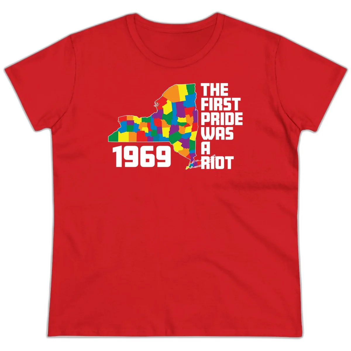 Colorful New York state map with rainbow-filled counties honoring the first pride riot of 1969 in Red