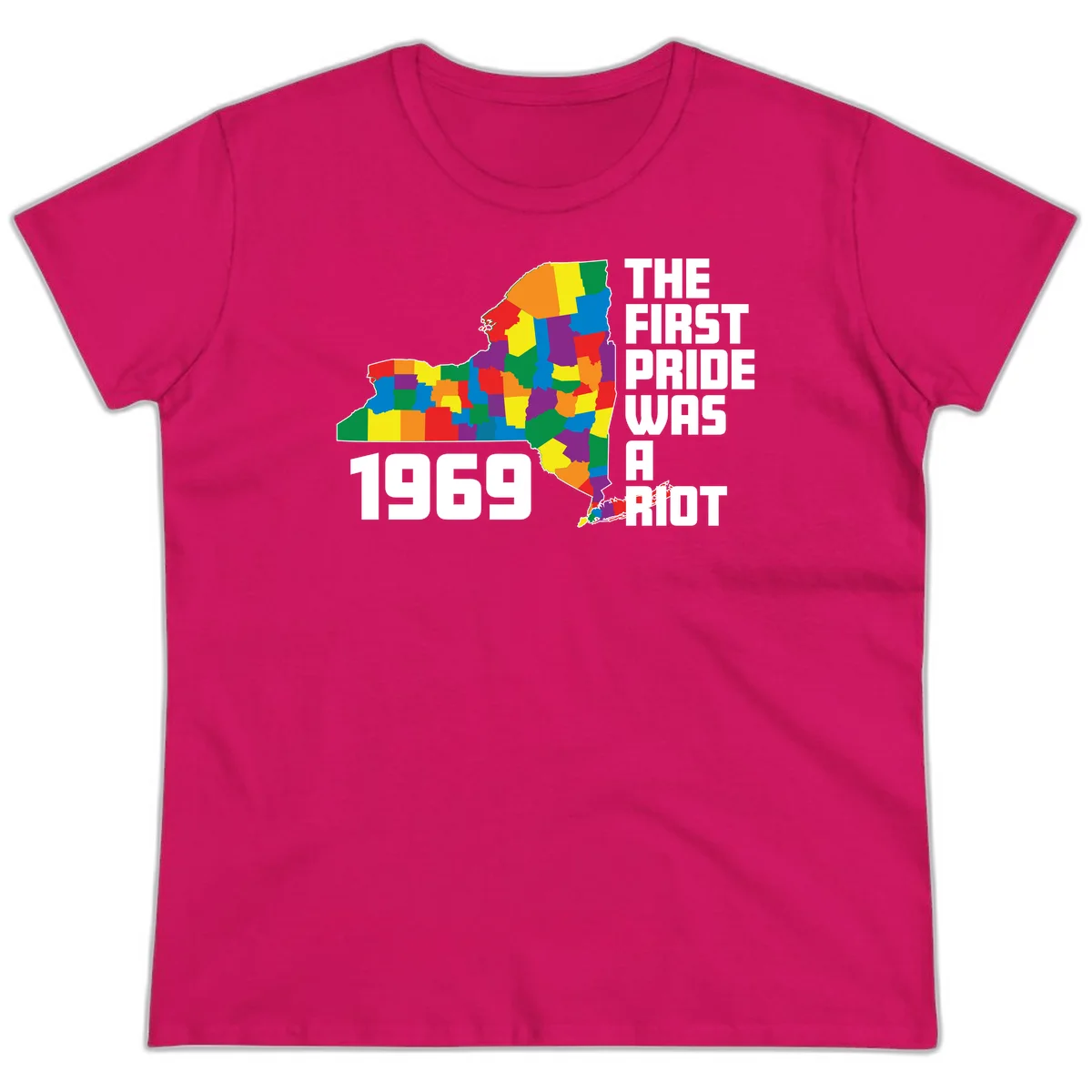 Colorful New York state map with rainbow-filled counties honoring the first pride riot of 1969 in Heliconia