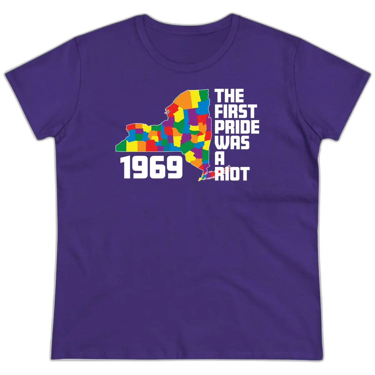 Colorful New York state map with rainbow-filled counties honoring the first pride riot of 1969 in Purple