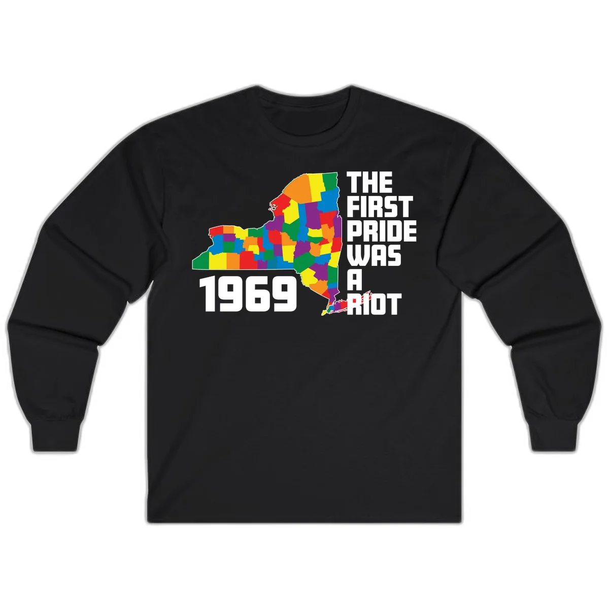Colorful New York state map with rainbow-filled counties honoring the first pride riot of 1969 in Black