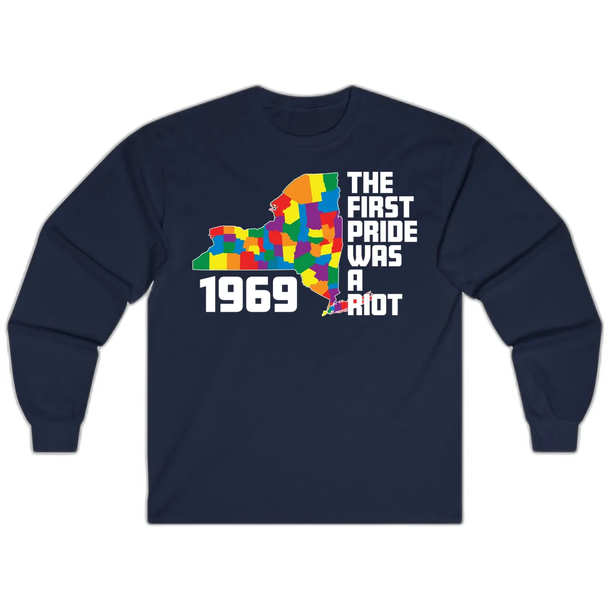 Colorful New York state map with rainbow-filled counties honoring the first pride riot of 1969 in Navy