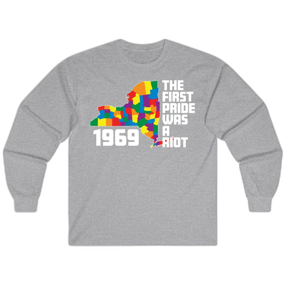 Colorful New York state map with rainbow-filled counties honoring the first pride riot of 1969 in Sport Grey