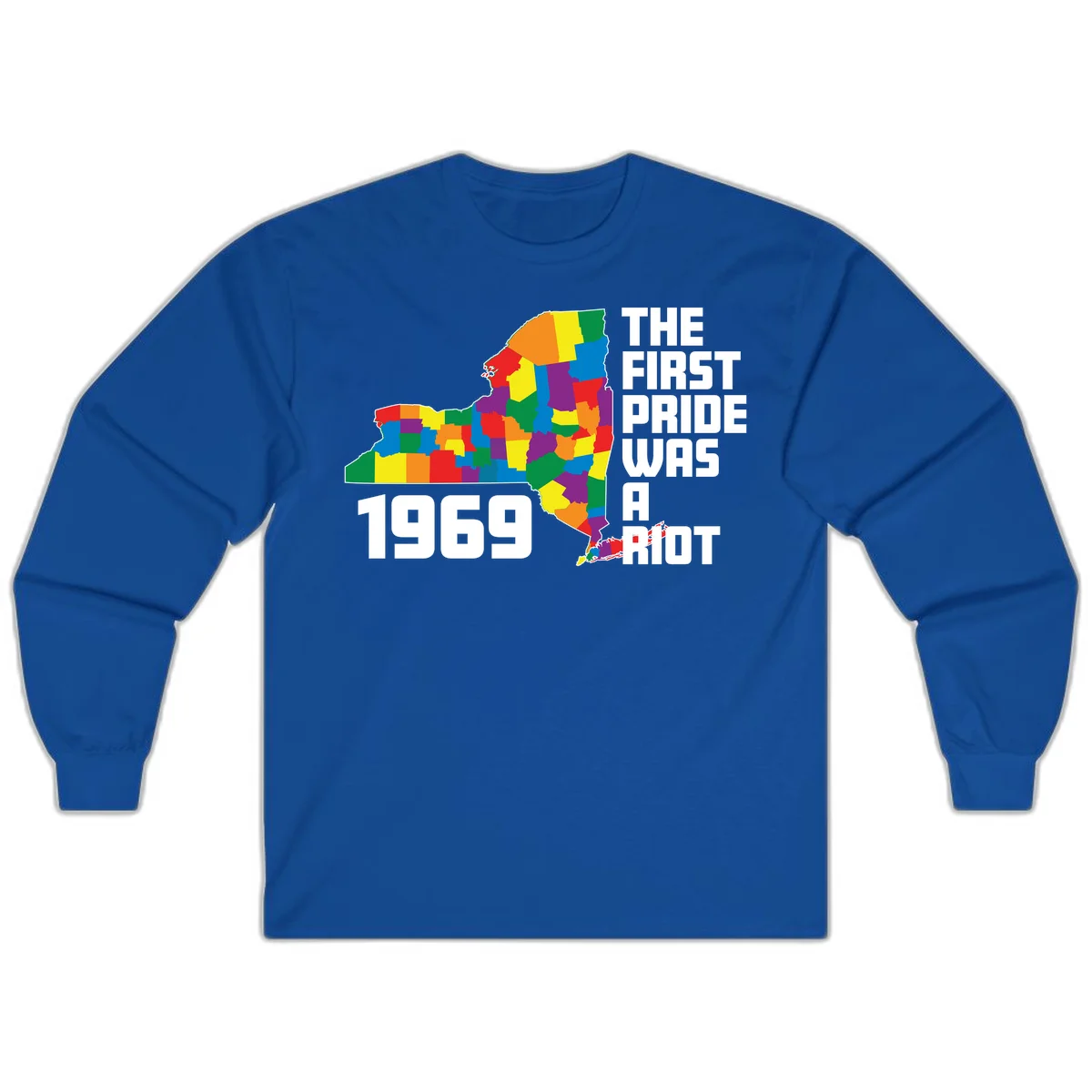 Colorful New York state map with rainbow-filled counties honoring the first pride riot of 1969 in Royal