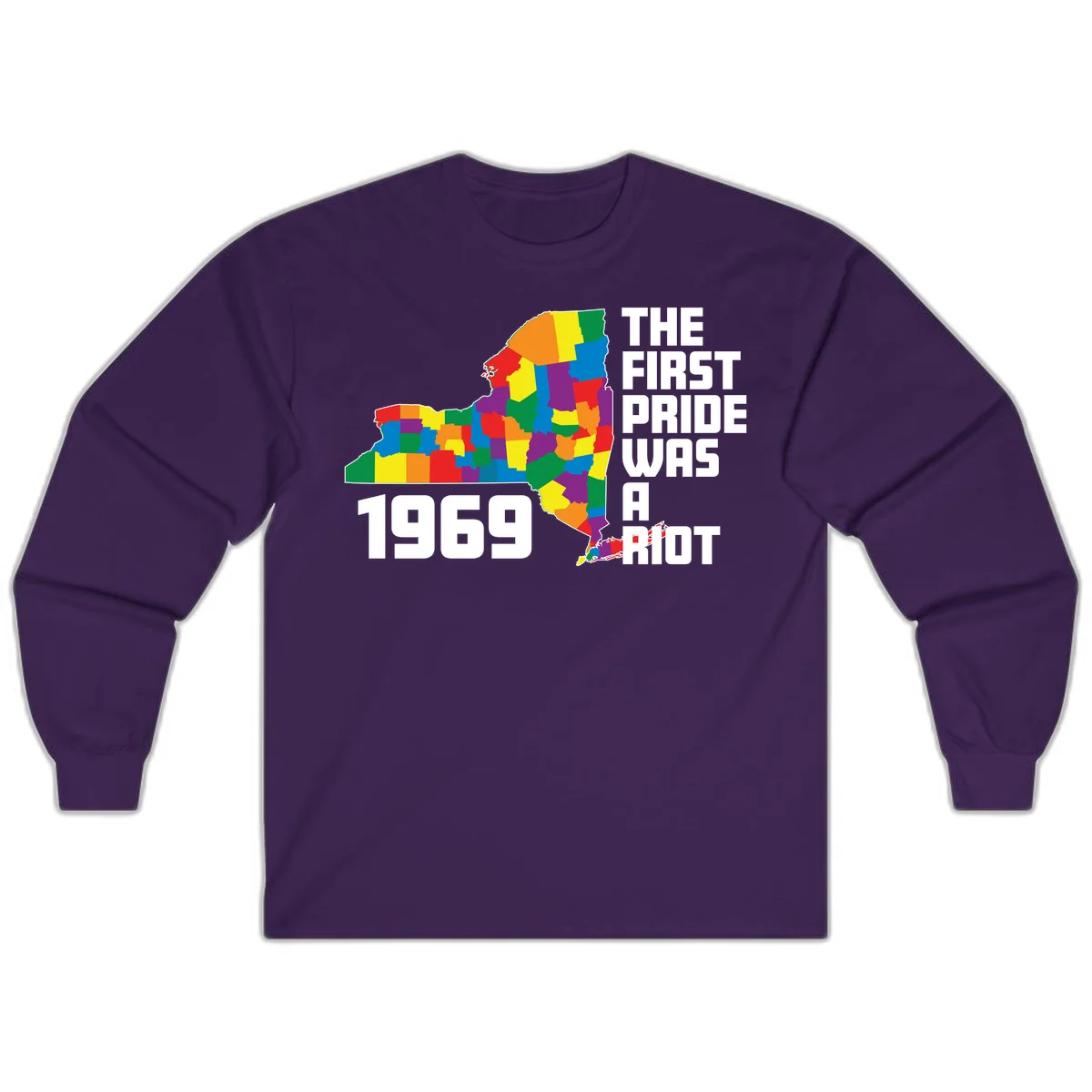Colorful New York state map with rainbow-filled counties honoring the first pride riot of 1969 in Purple