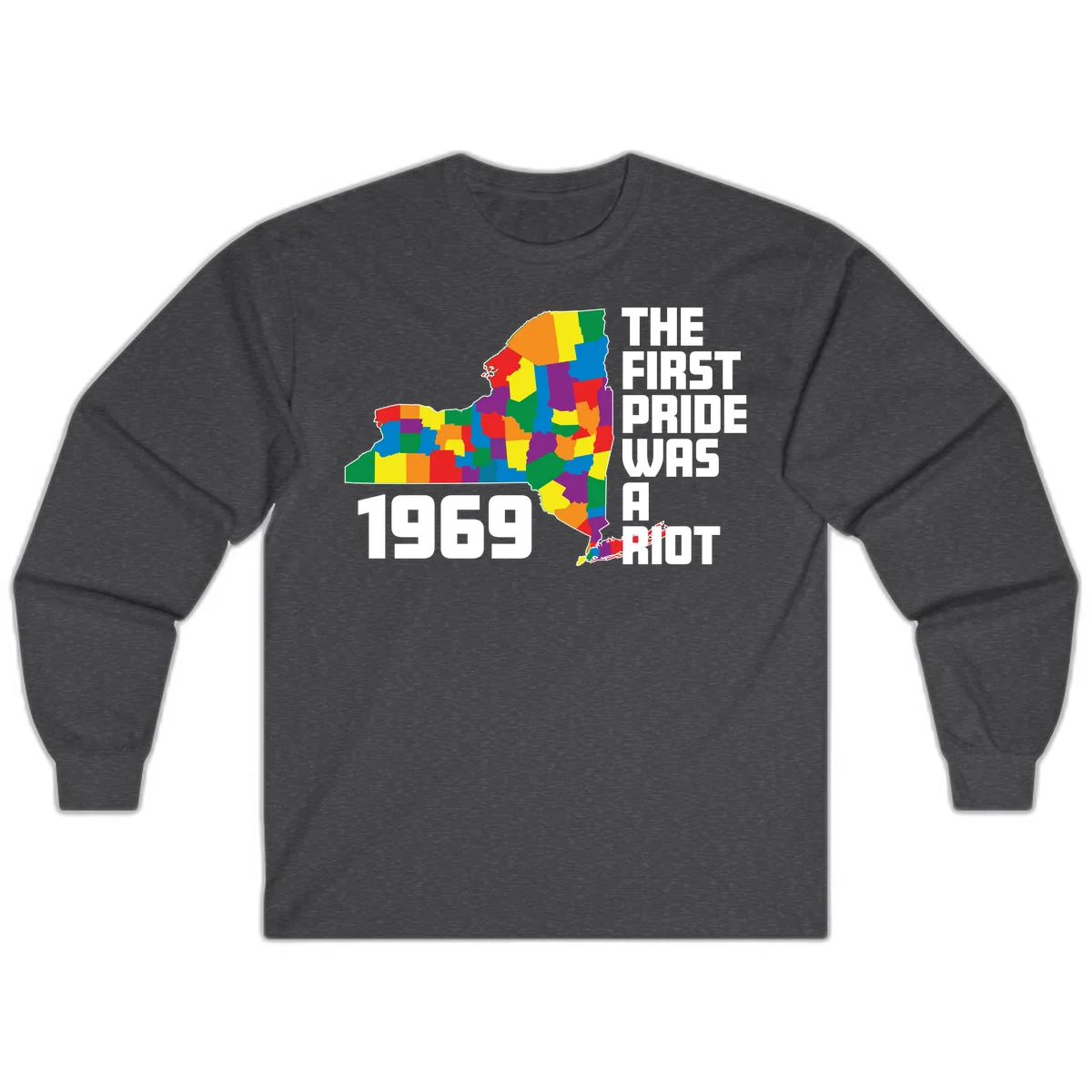 Colorful New York state map with rainbow-filled counties honoring the first pride riot of 1969 in Dark Heather