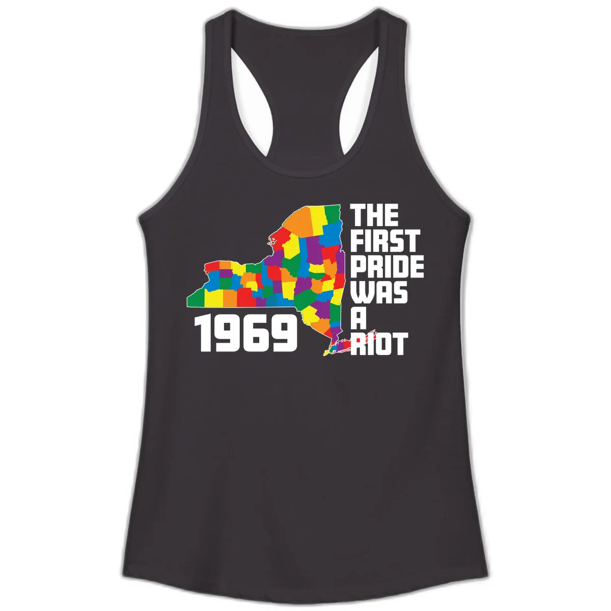 Colorful New York state map with rainbow-filled counties honoring the first pride riot of 1969 in Black