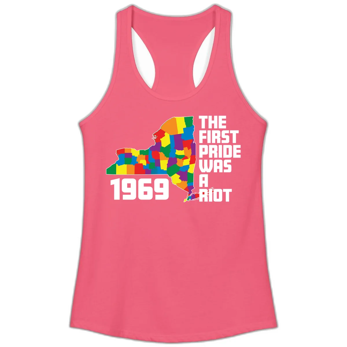 Colorful New York state map with rainbow-filled counties honoring the first pride riot of 1969 in Hot Pink