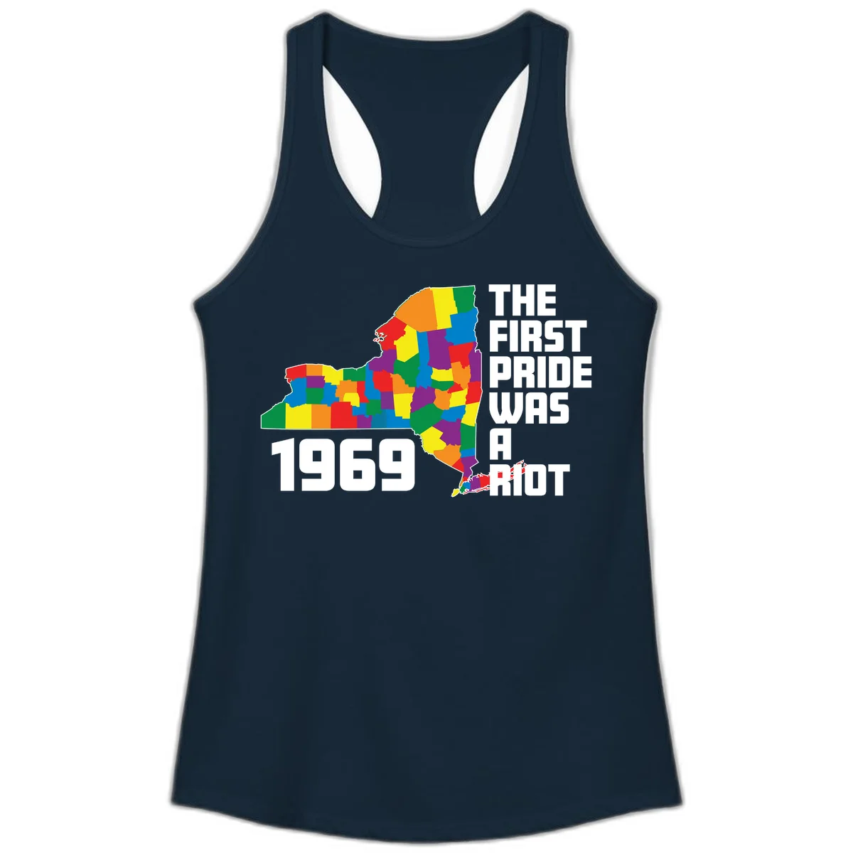 Colorful New York state map with rainbow-filled counties honoring the first pride riot of 1969 in Solid Midnight Navy
