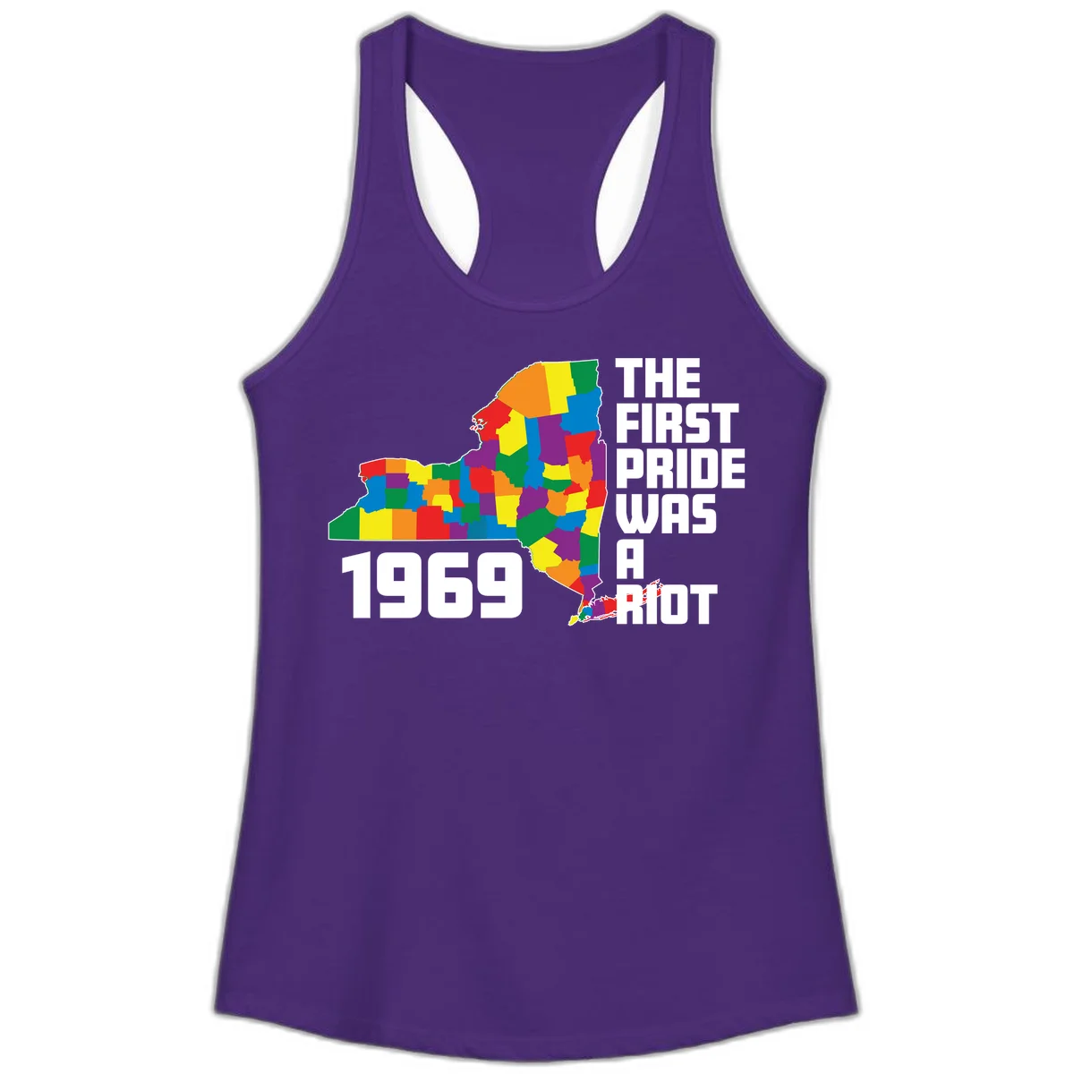 Colorful New York state map with rainbow-filled counties honoring the first pride riot of 1969 in Solid Purple Rush