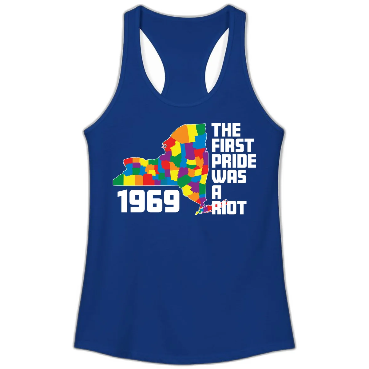 Colorful New York state map with rainbow-filled counties honoring the first pride riot of 1969 in Solid Royal