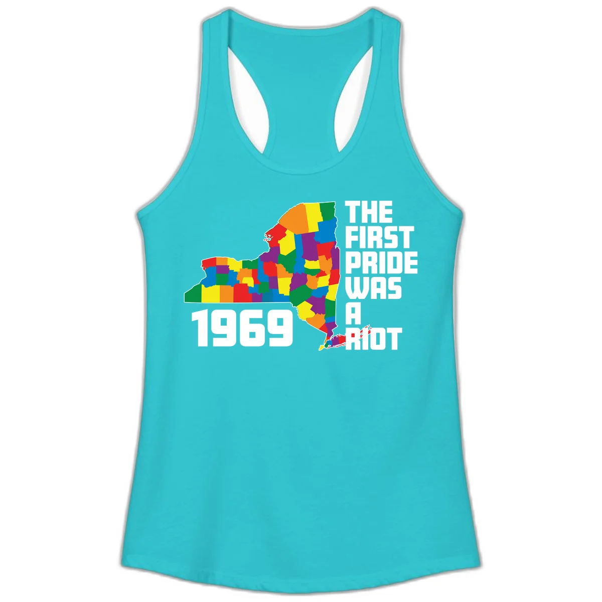 Colorful New York state map with rainbow-filled counties honoring the first pride riot of 1969 in Solid Tahiti Blue