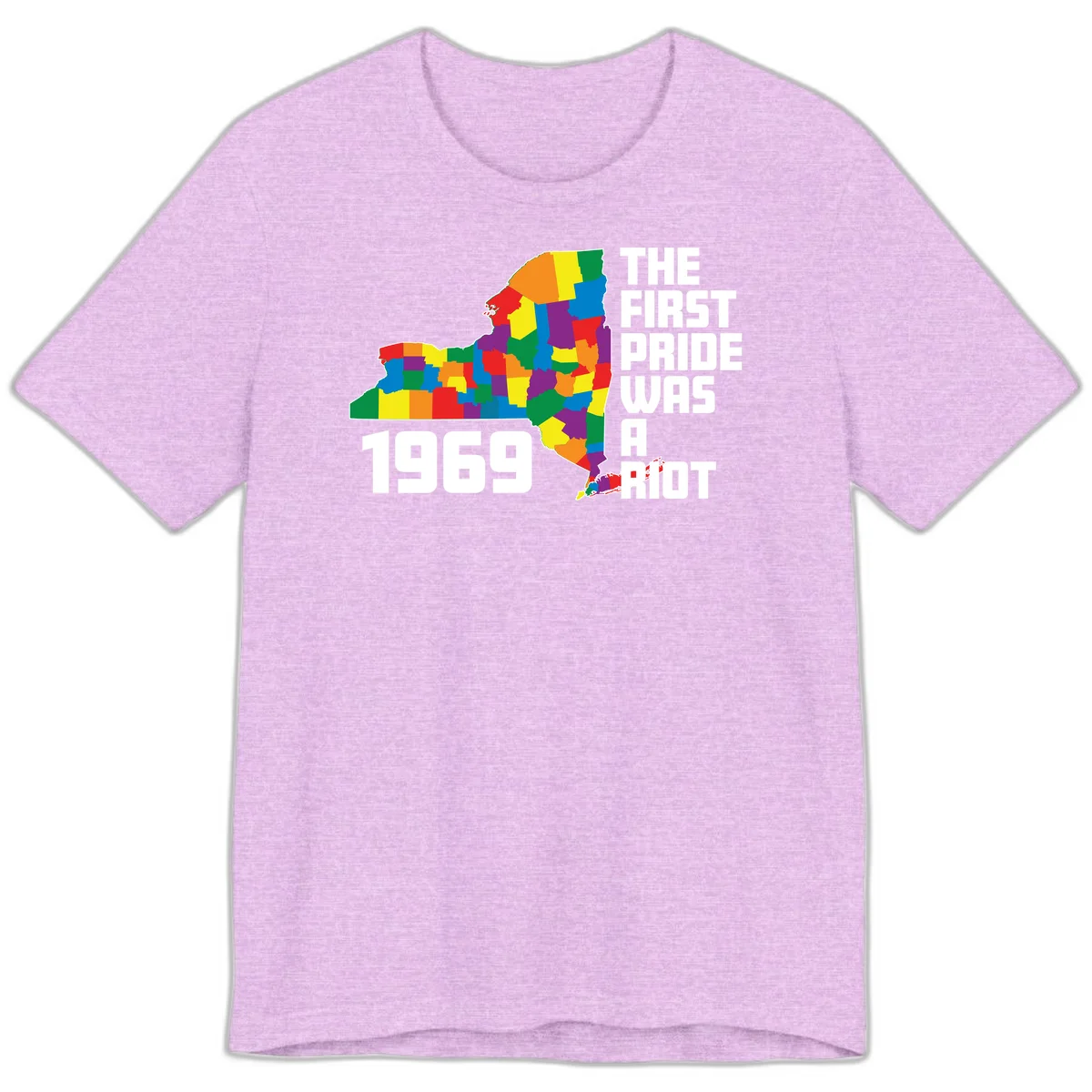 Colorful New York state map with rainbow-filled counties honoring the first pride riot of 1969 in Heather Prism Lilac