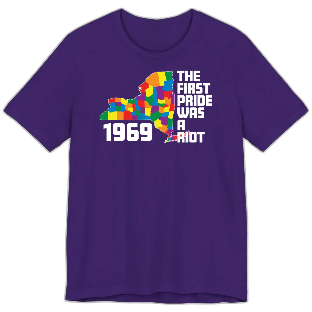 Colorful New York state map with rainbow-filled counties honoring the first pride riot of 1969 in Team Purple