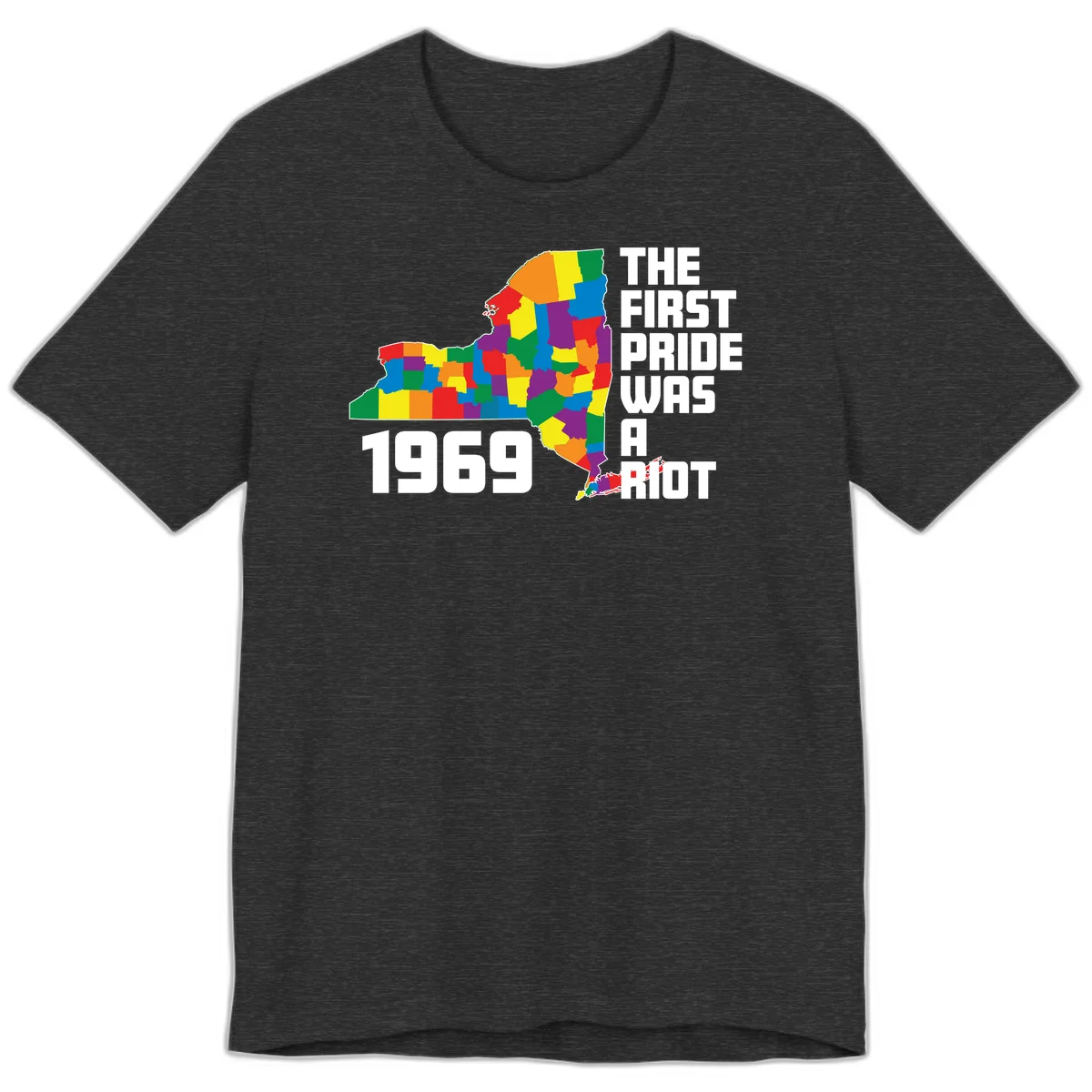 Colorful New York state map with rainbow-filled counties honoring the first pride riot of 1969 in Dark Grey Heather