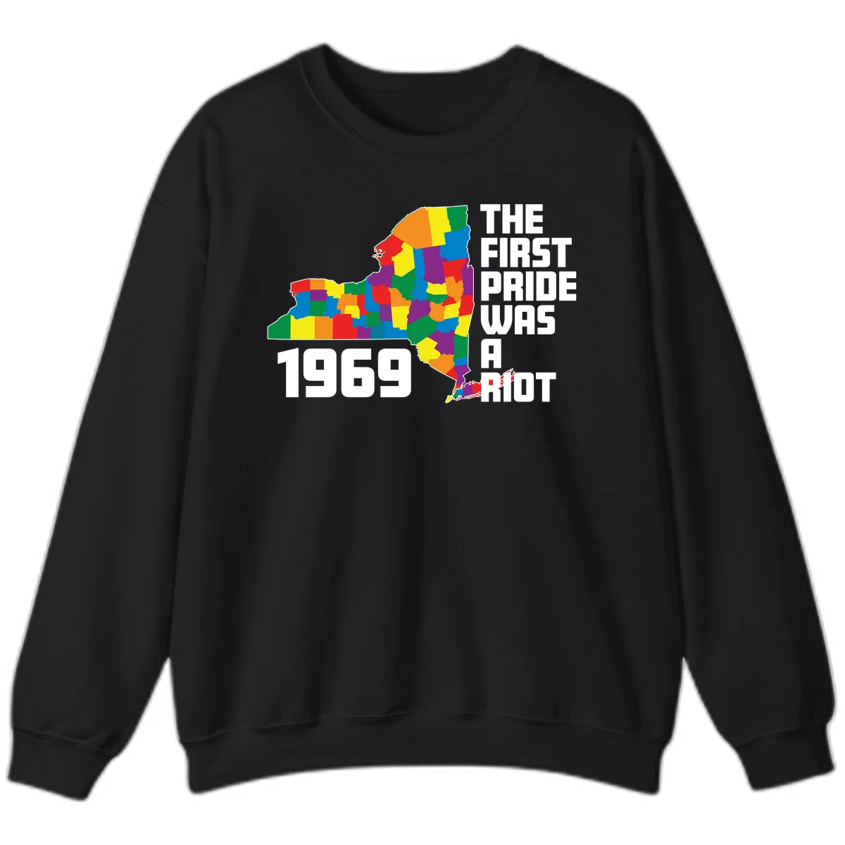 Colorful New York state map with rainbow-filled counties honoring the first pride riot of 1969 in Black
