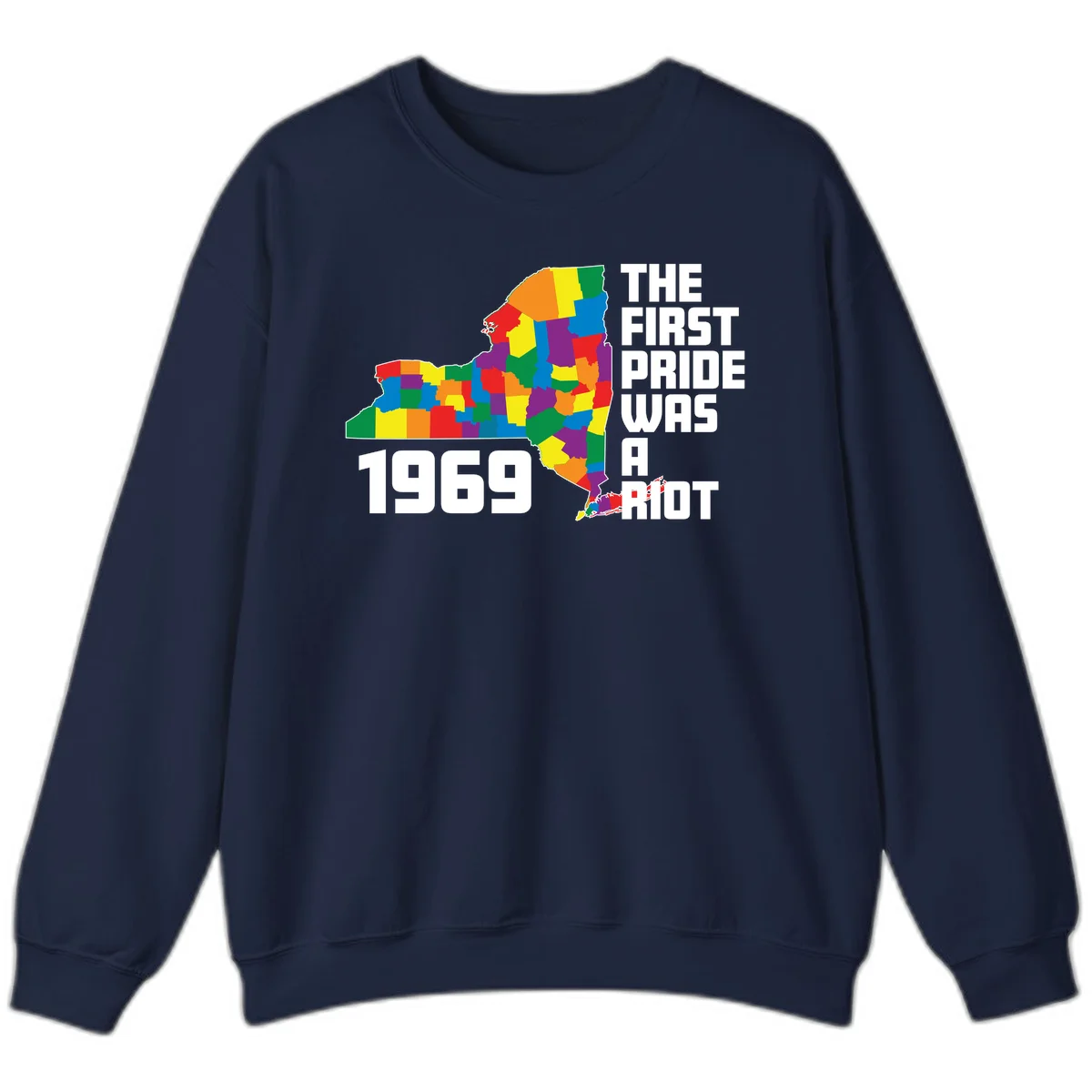 Colorful New York state map with rainbow-filled counties honoring the first pride riot of 1969 in Navy
