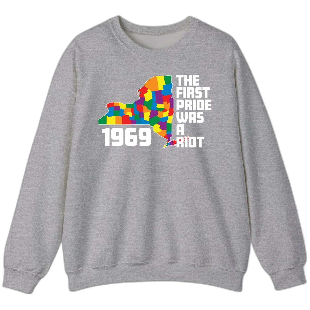 Colorful New York state map with rainbow-filled counties honoring the first pride riot of 1969 in Sport Grey