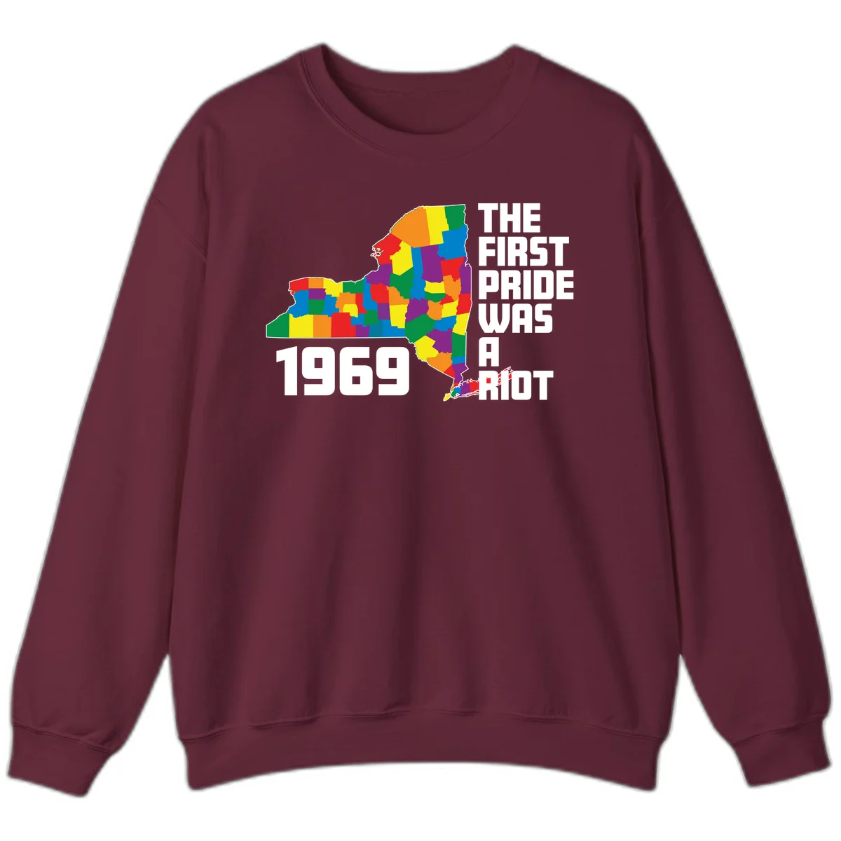 Colorful New York state map with rainbow-filled counties honoring the first pride riot of 1969 in Maroon
