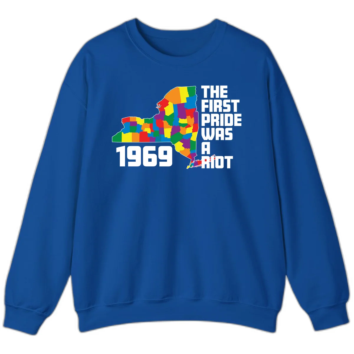 Colorful New York state map with rainbow-filled counties honoring the first pride riot of 1969 in Royal