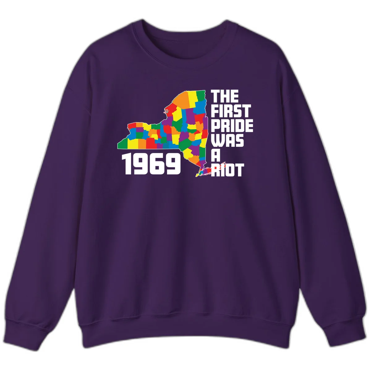 Colorful New York state map with rainbow-filled counties honoring the first pride riot of 1969 in Purple