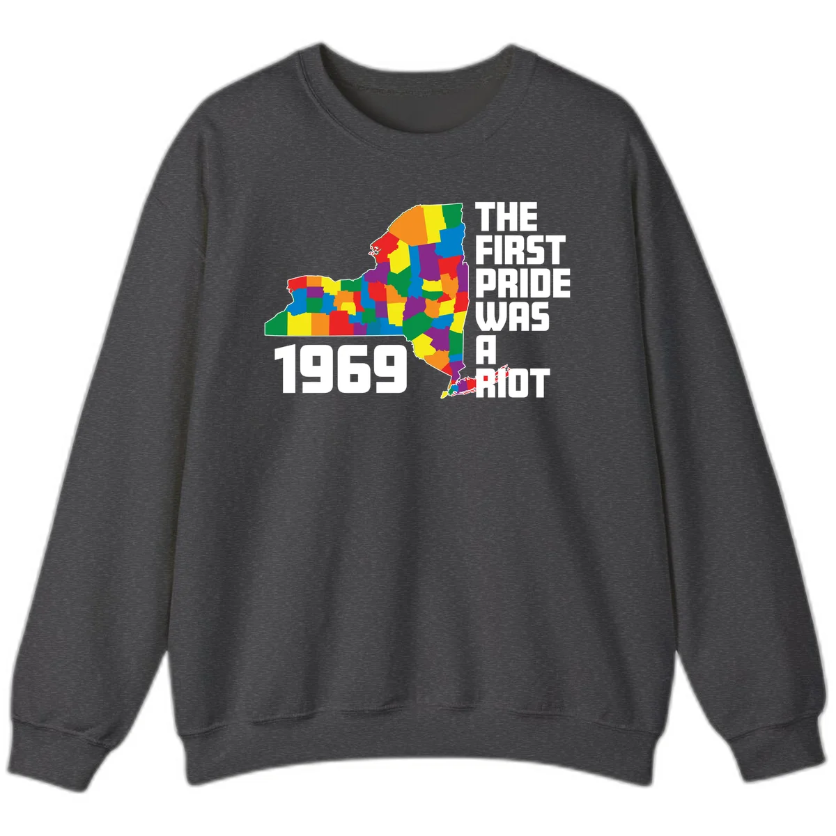 Colorful New York state map with rainbow-filled counties honoring the first pride riot of 1969 in Dark Heather