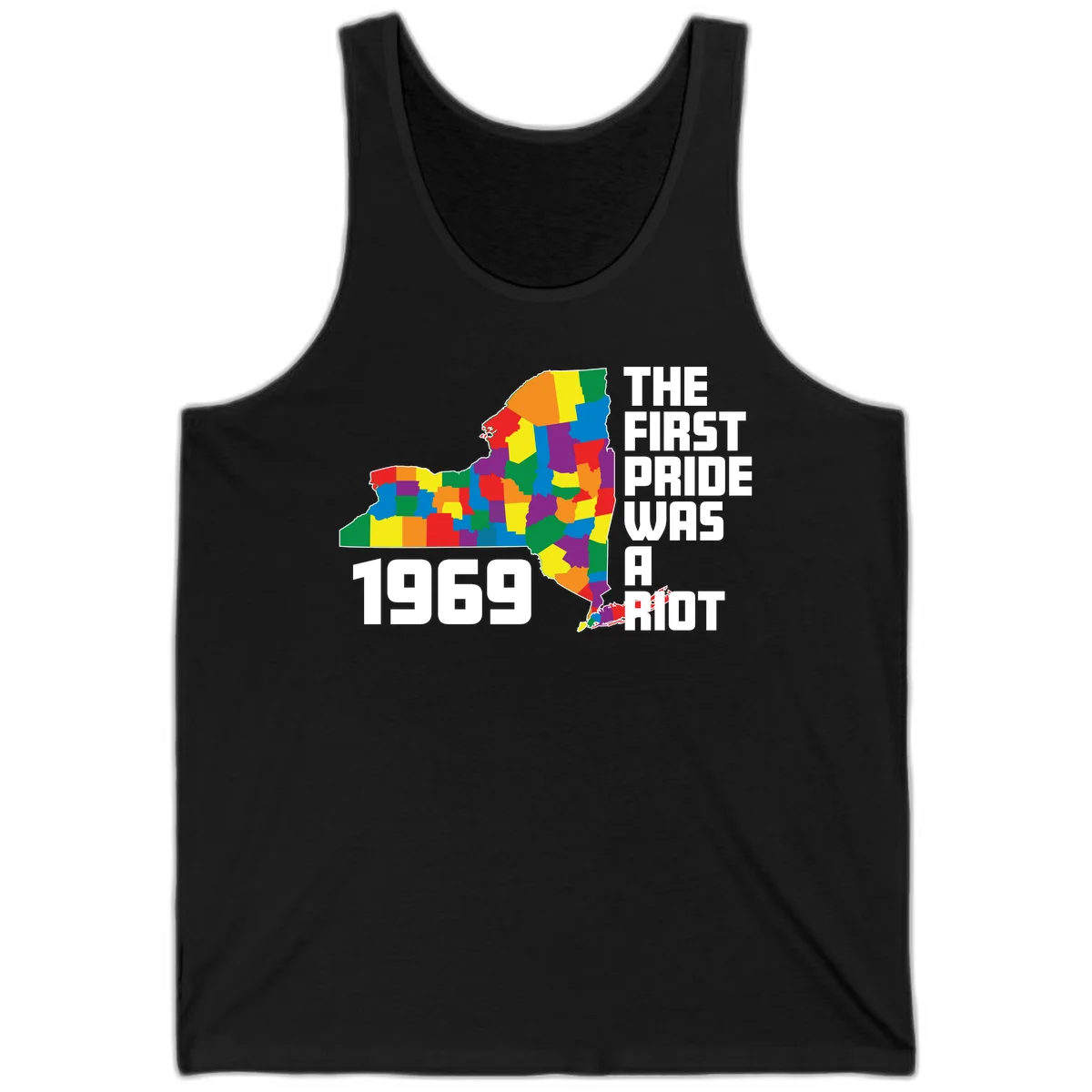 Colorful New York state map with rainbow-filled counties honoring the first pride riot of 1969 in Black