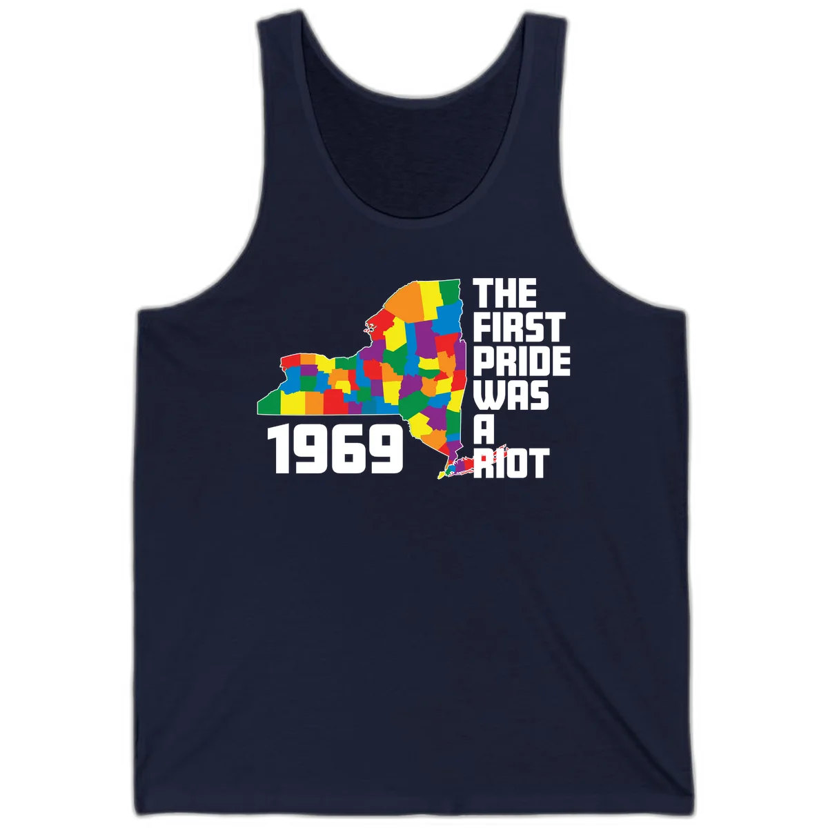 Colorful New York state map with rainbow-filled counties honoring the first pride riot of 1969 in Navy