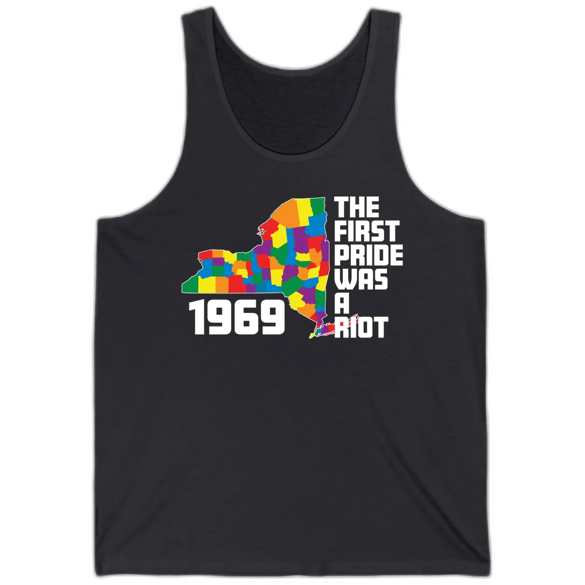 Colorful New York state map with rainbow-filled counties honoring the first pride riot of 1969 in Dark Grey