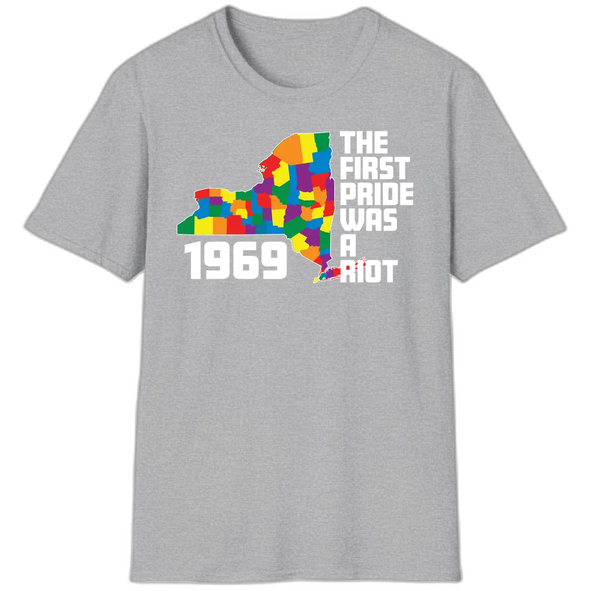 Colorful New York state map with rainbow-filled counties honoring the first pride riot of 1969 in Sport Grey