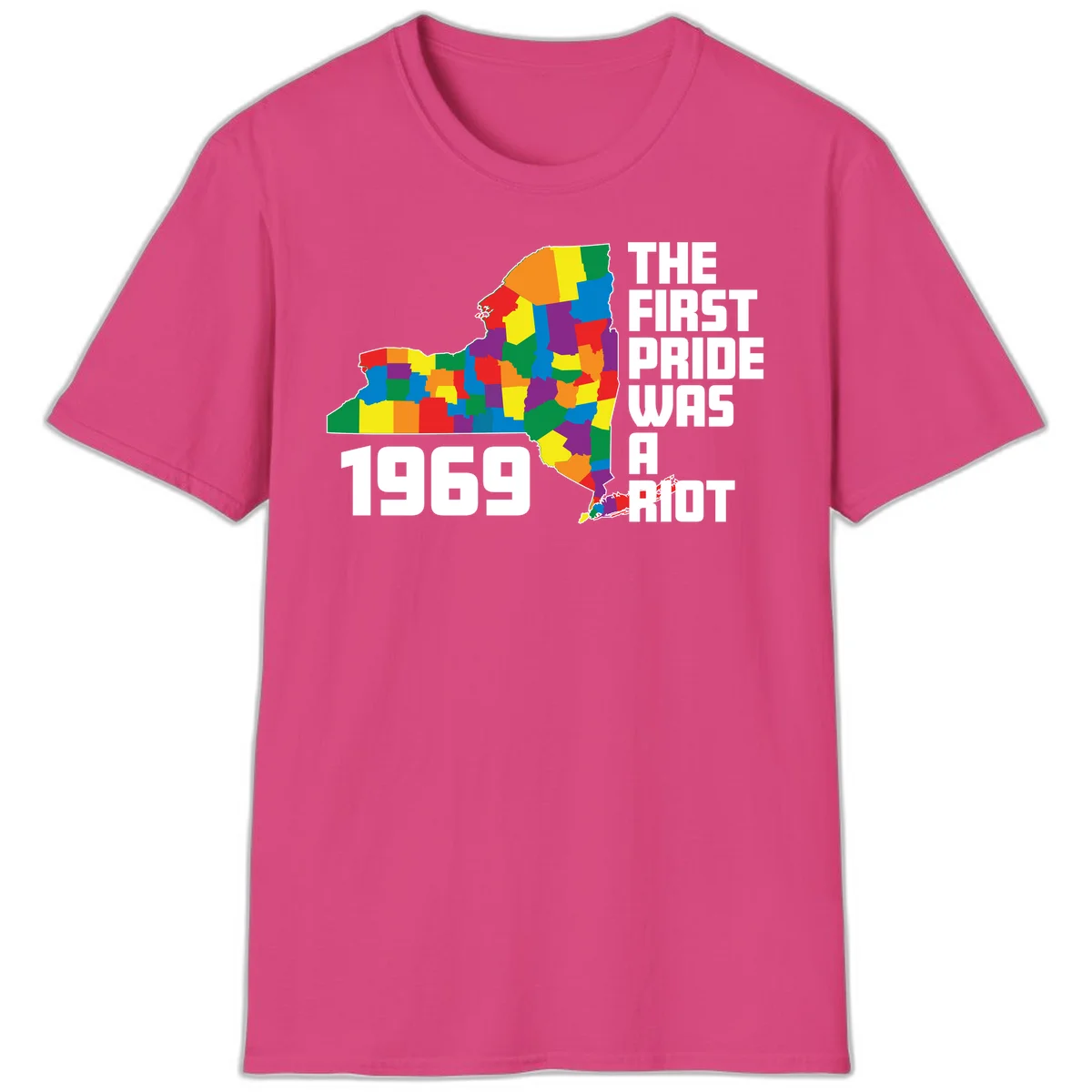 Colorful New York state map with rainbow-filled counties honoring the first pride riot of 1969 in Heliconia