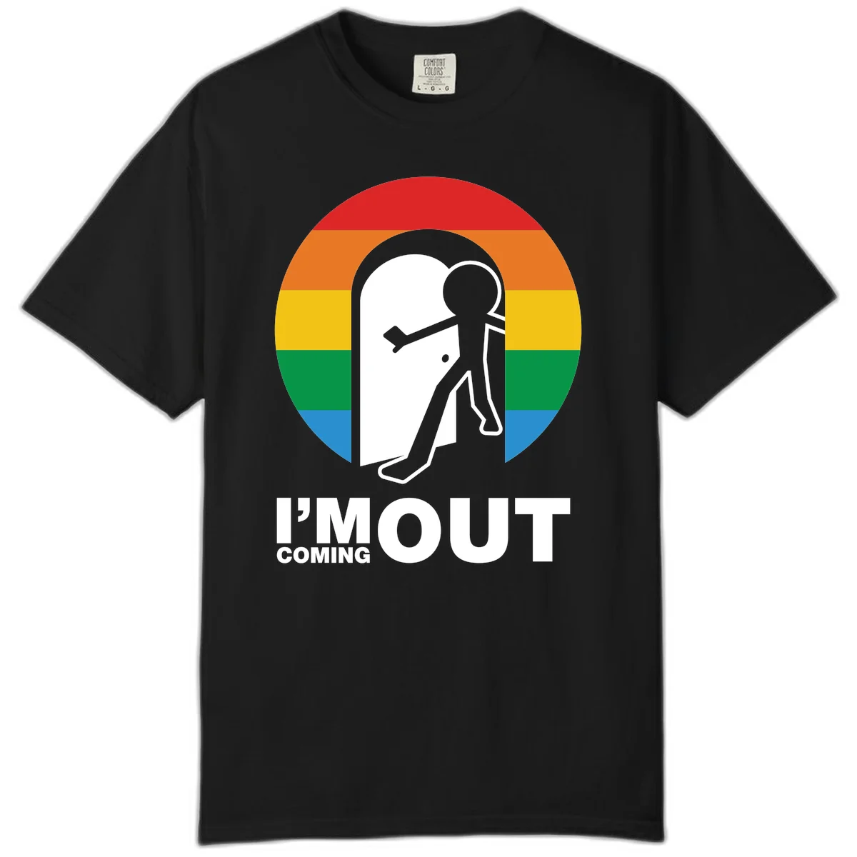 Stick figure pushing open white door with rainbow circle background and 'I'm Out Coming Out' text celebrating LGBTQ+ pride in Black