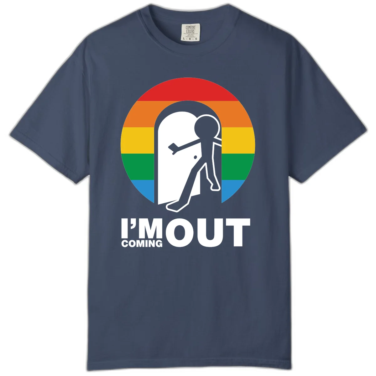 Stick figure pushing open white door with rainbow circle background and 'I'm Out Coming Out' text celebrating LGBTQ+ pride in Midnight