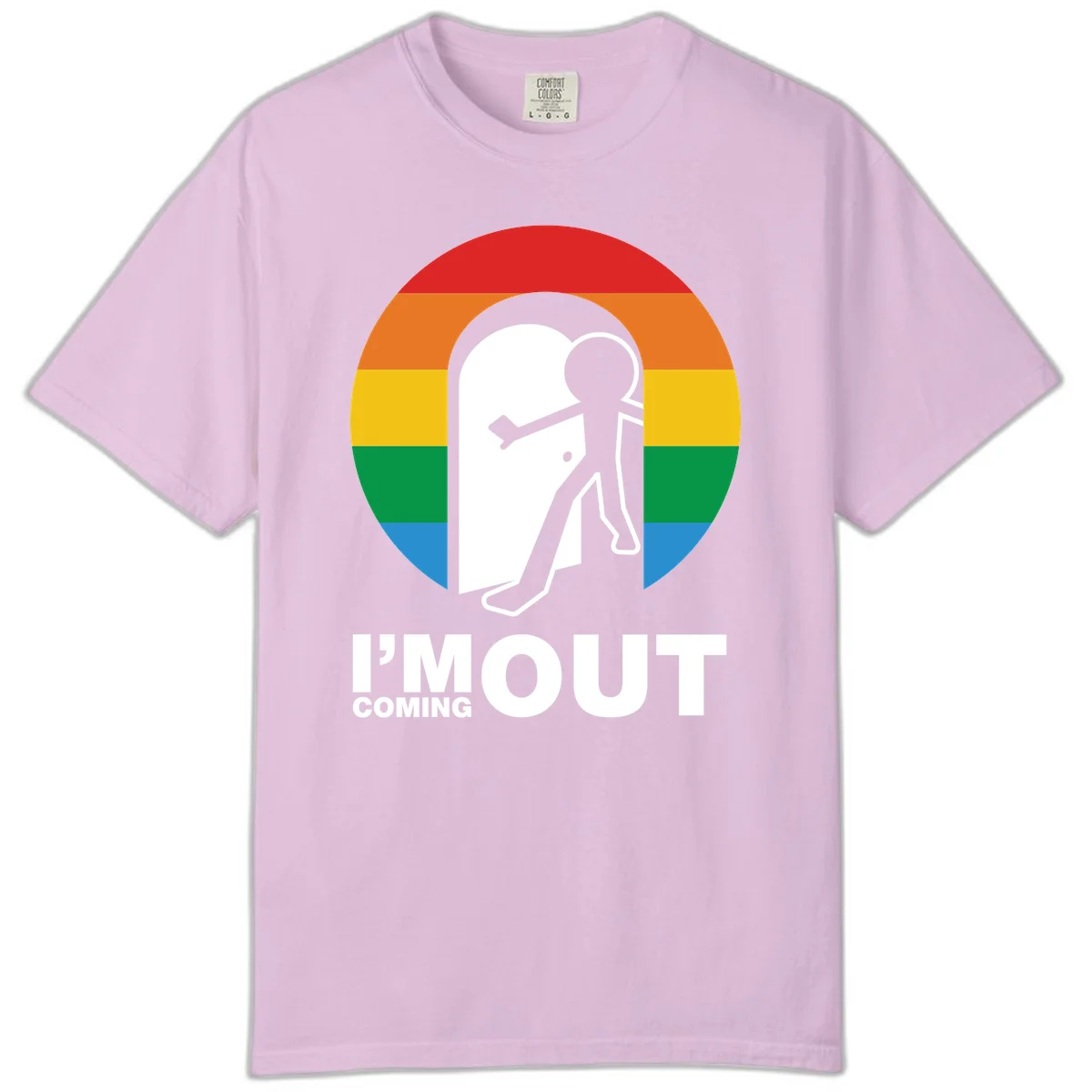 Stick figure pushing open white door with rainbow circle background and 'I'm Out Coming Out' text celebrating LGBTQ+ pride in Orchid