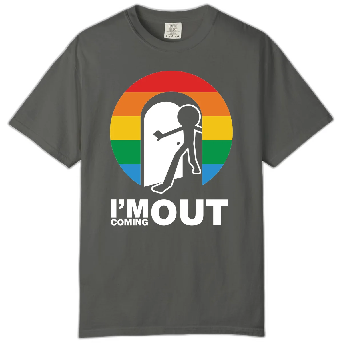 Stick figure pushing open white door with rainbow circle background and 'I'm Out Coming Out' text celebrating LGBTQ+ pride in Pepper