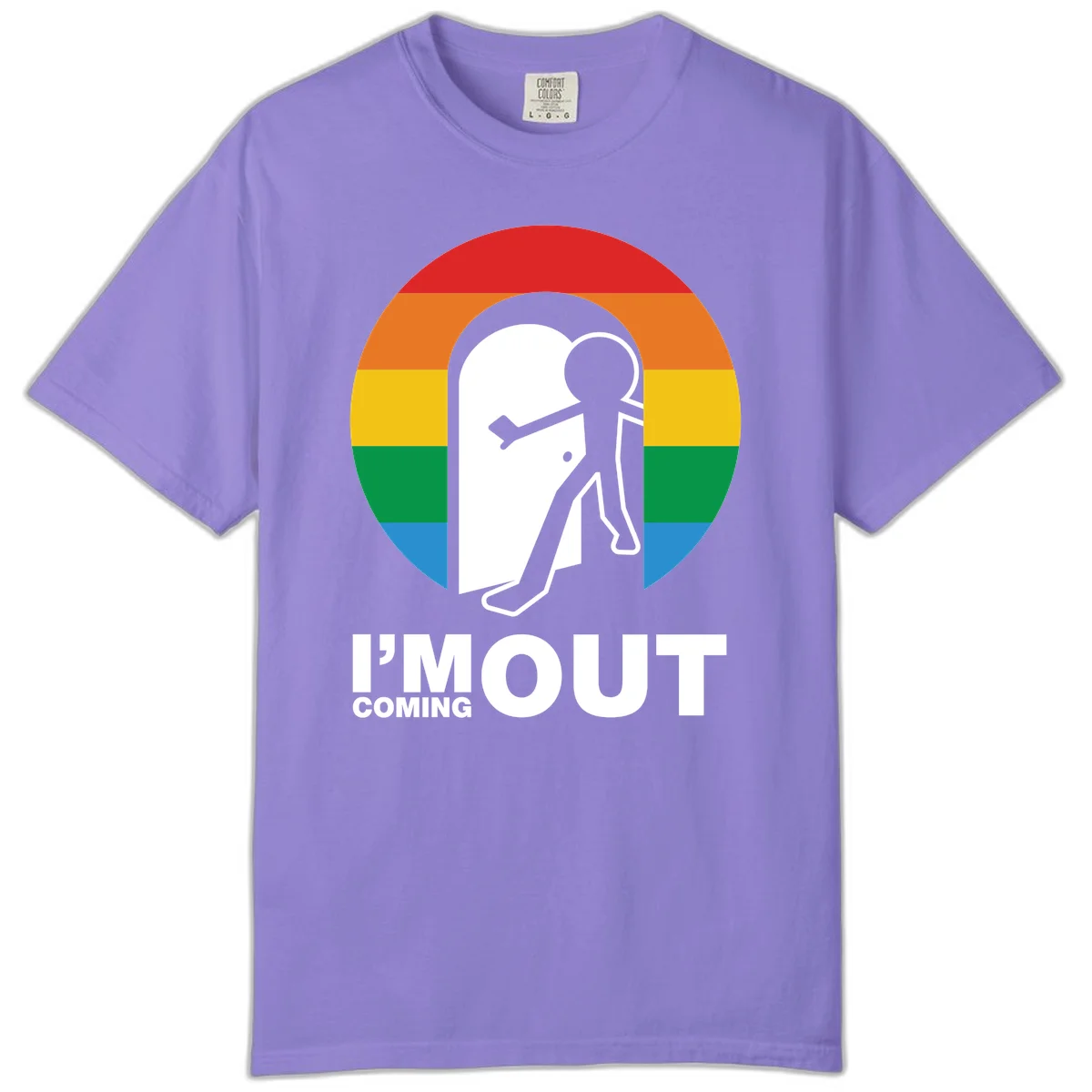 Stick figure pushing open white door with rainbow circle background and 'I'm Out Coming Out' text celebrating LGBTQ+ pride in Violet
