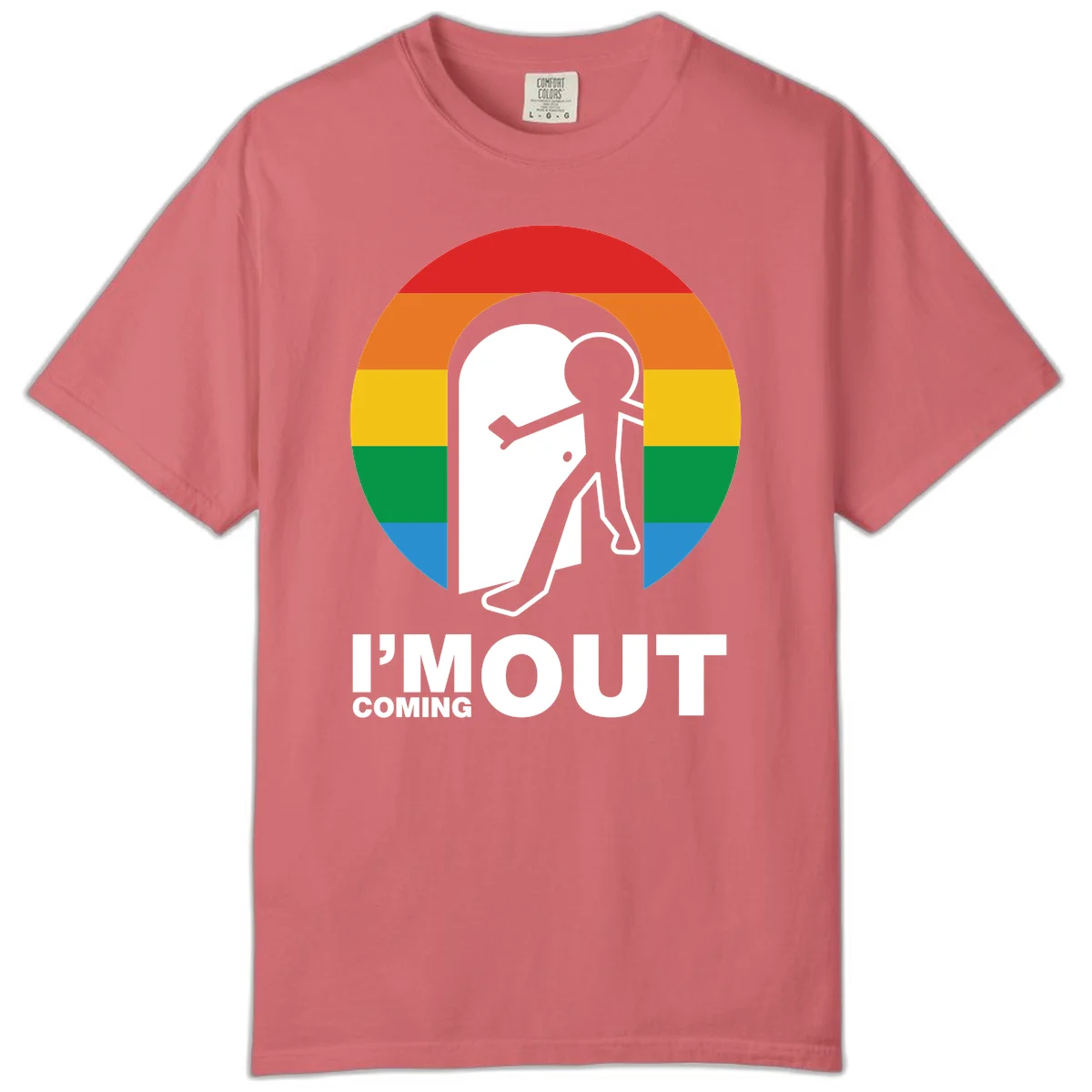 Stick figure pushing open white door with rainbow circle background and 'I'm Out Coming Out' text celebrating LGBTQ+ pride in Watermelon