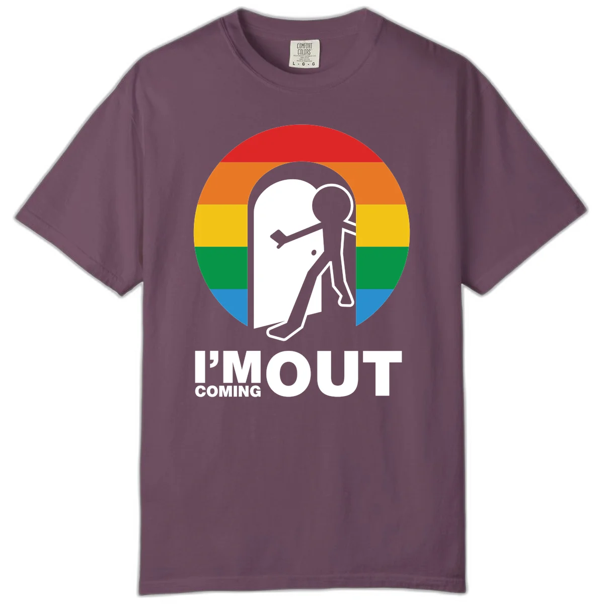 Stick figure pushing open white door with rainbow circle background and 'I'm Out Coming Out' text celebrating LGBTQ+ pride in Berry