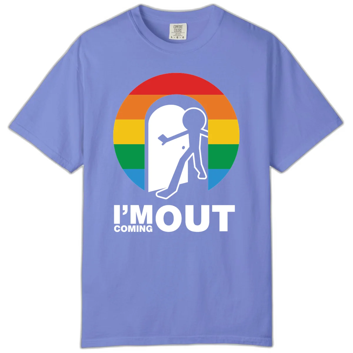 Stick figure pushing open white door with rainbow circle background and 'I'm Out Coming Out' text celebrating LGBTQ+ pride in Flo Blue