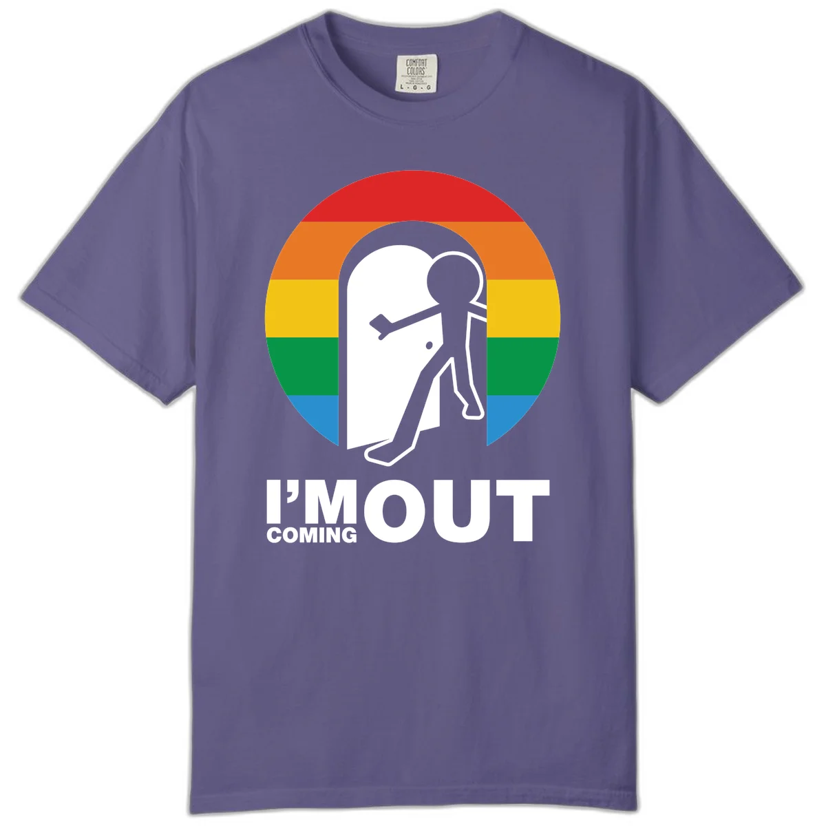 Stick figure pushing open white door with rainbow circle background and 'I'm Out Coming Out' text celebrating LGBTQ+ pride in Grape