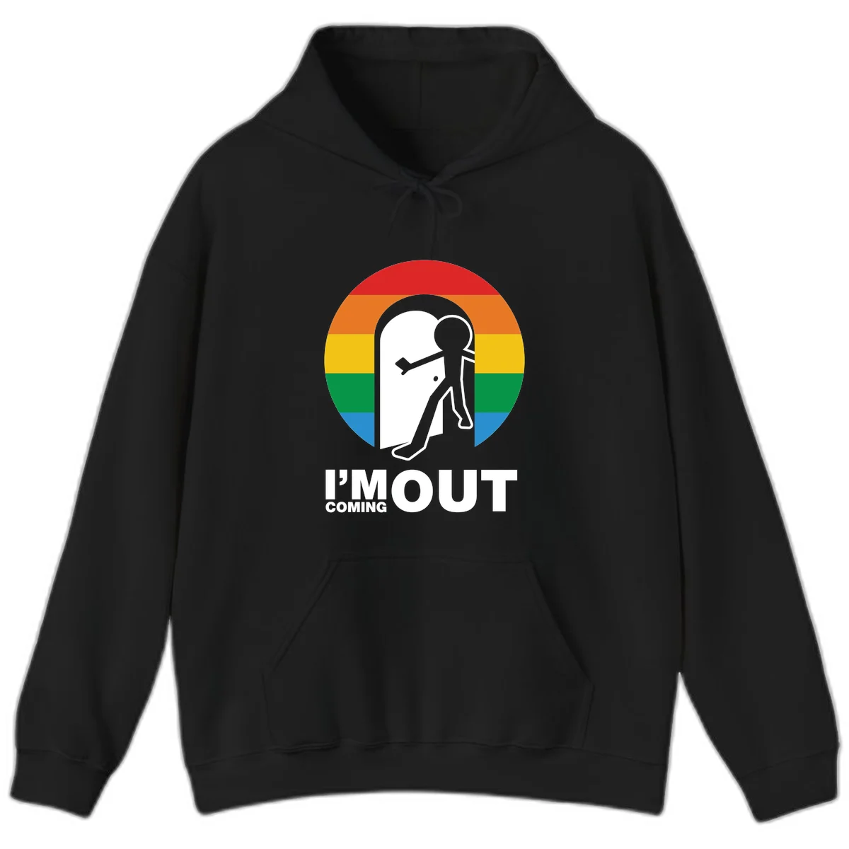 Stick figure pushing open white door with rainbow circle background and 'I'm Out Coming Out' text celebrating LGBTQ+ pride in Black