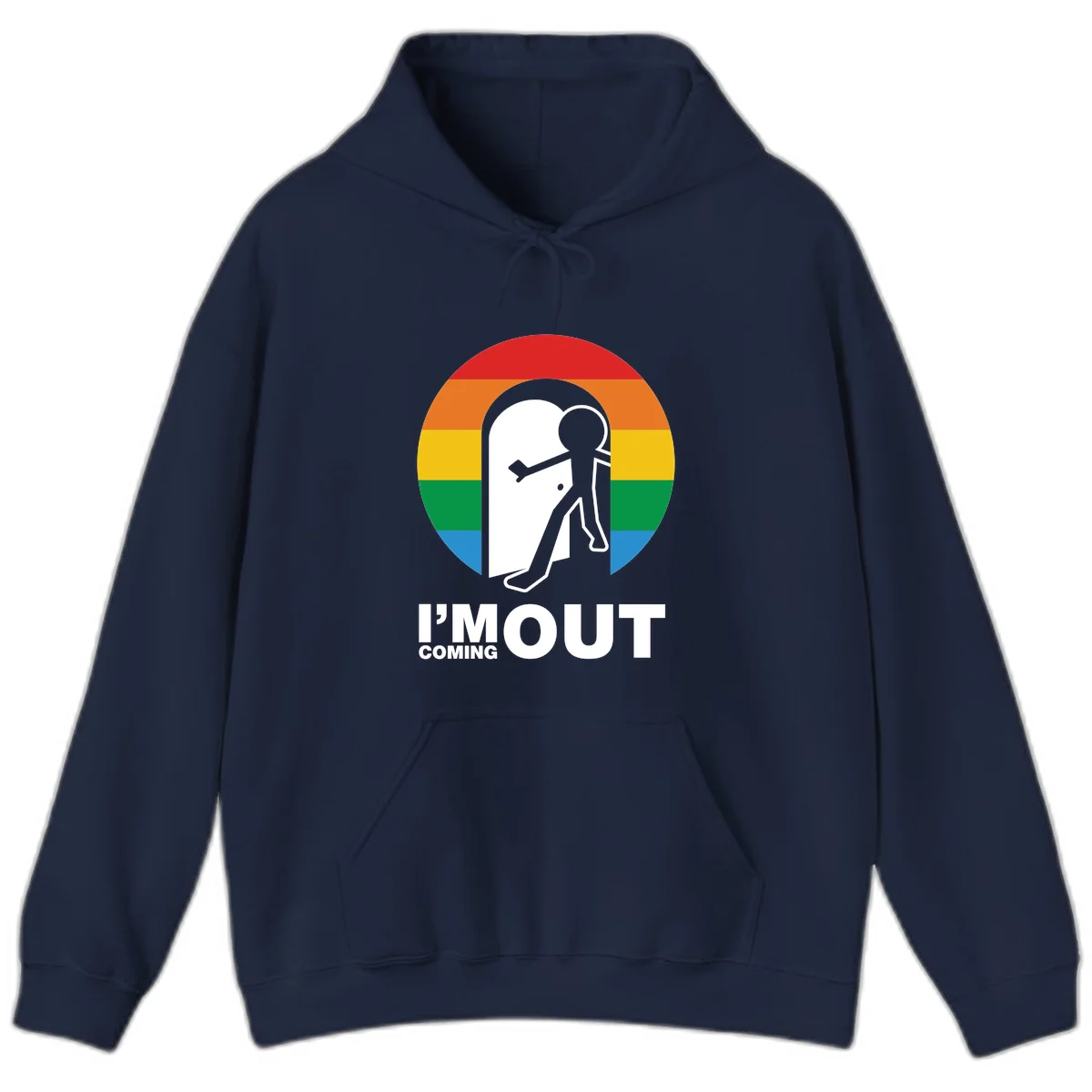 Stick figure pushing open white door with rainbow circle background and 'I'm Out Coming Out' text celebrating LGBTQ+ pride in Navy