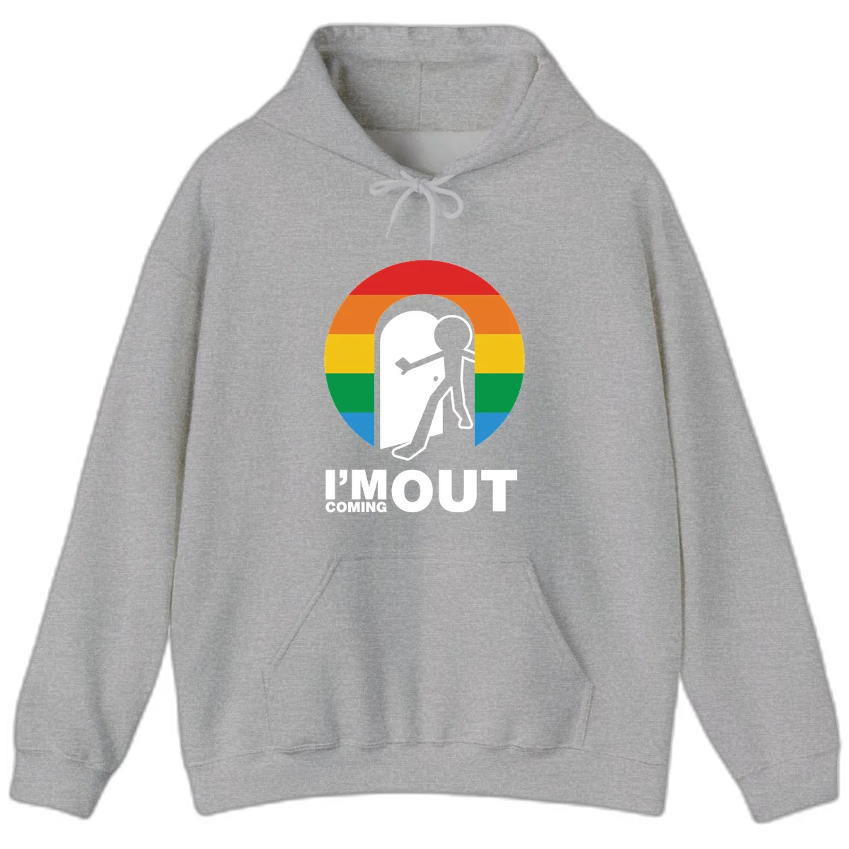 Stick figure pushing open white door with rainbow circle background and 'I'm Out Coming Out' text celebrating LGBTQ+ pride in Sport Grey