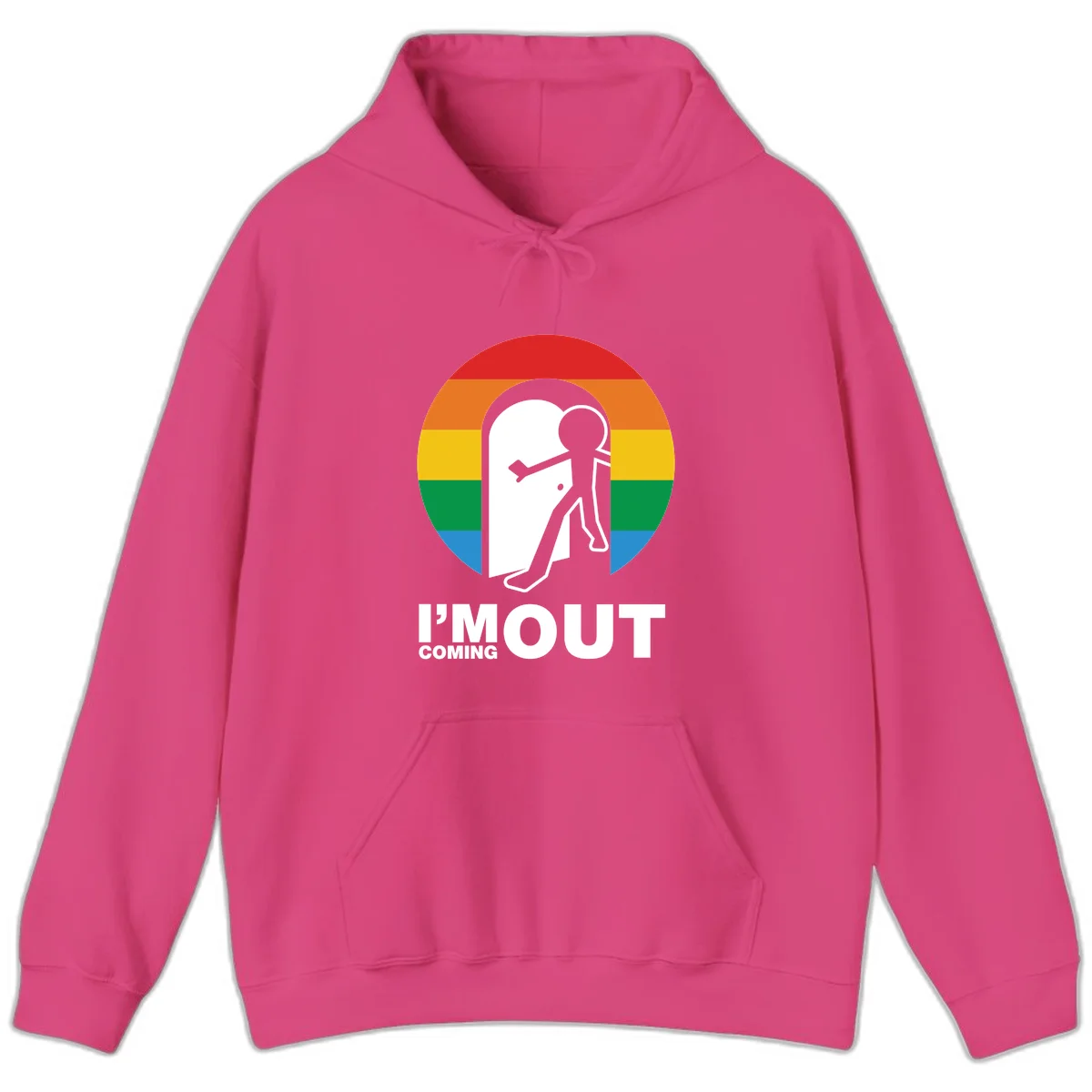 Stick figure pushing open white door with rainbow circle background and 'I'm Out Coming Out' text celebrating LGBTQ+ pride in Heliconia