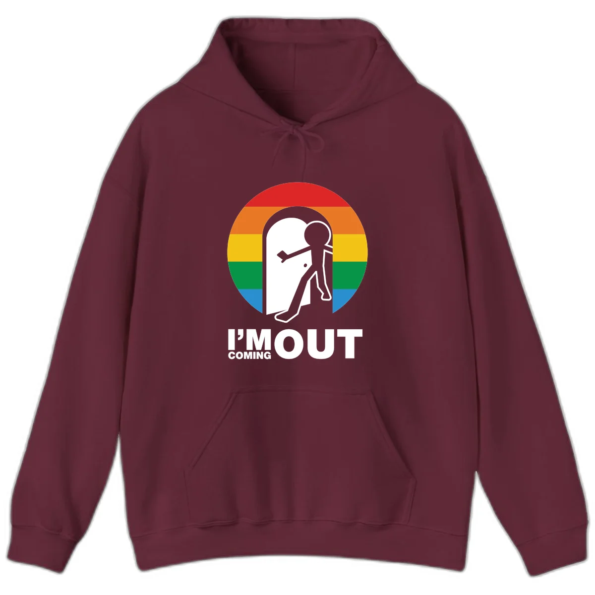 Stick figure pushing open white door with rainbow circle background and 'I'm Out Coming Out' text celebrating LGBTQ+ pride in Maroon